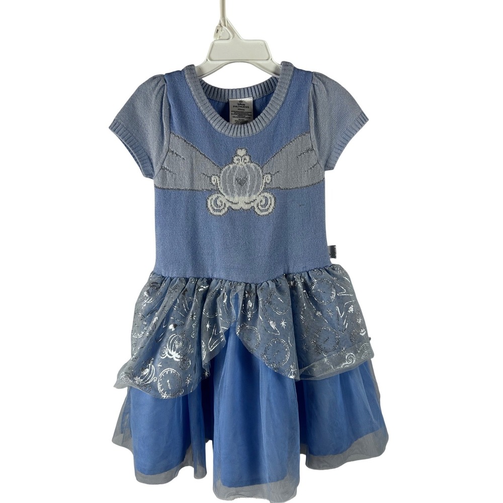 Disney Princess Cinderella Dress 4T Blue Knit Tulle Carriage Toddler Girls